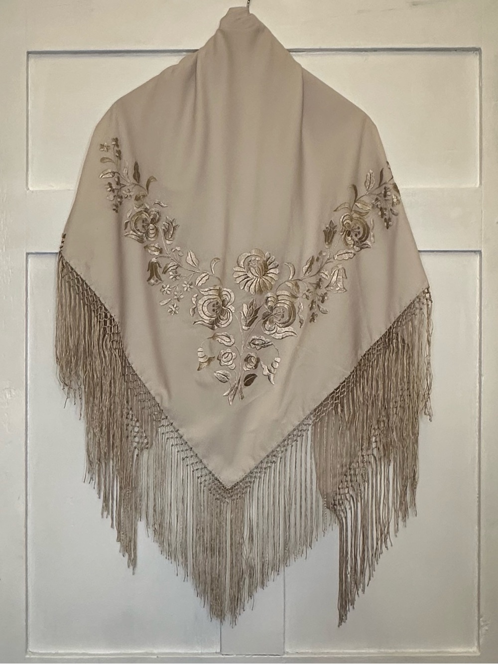 Embroidered Fringe Shawl - Light Beige Floral Accent- Like New
